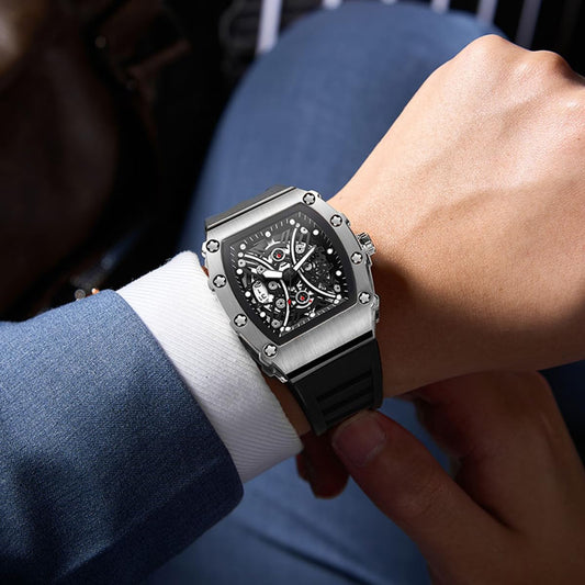 Bold Barrel Shape Watch – Fashion Skeleton Quartz Watch For Men