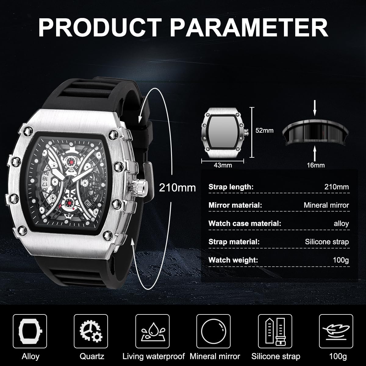 Bold Barrel Shape Watch – Fashion Skeleton Quartz Watch For Men