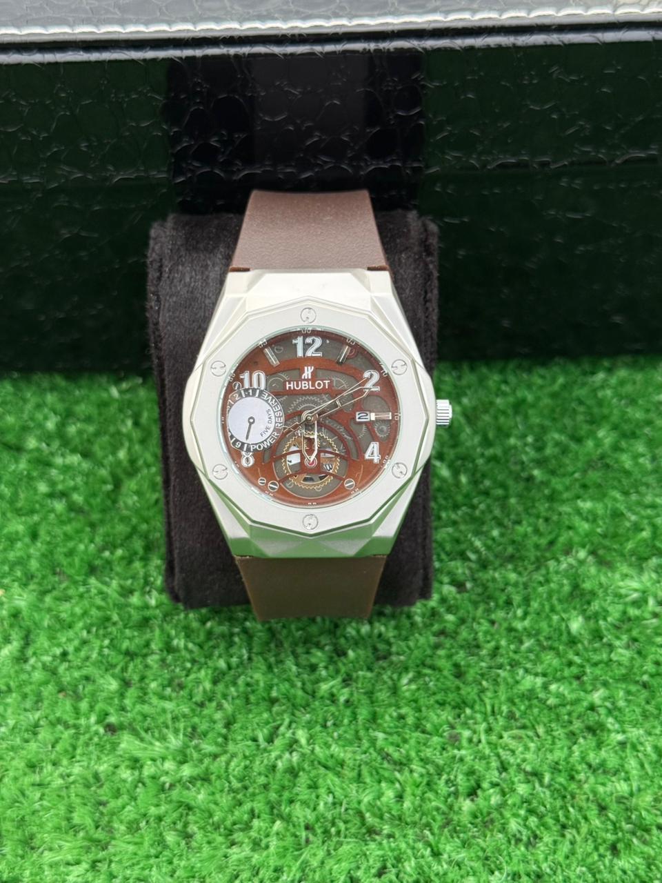 HB - Datejust Skeleton Dial Diamond Cut Watch – Brown Strap With Master Lock