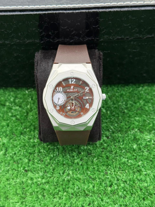 HB - Datejust Skeleton Dial Diamond Cut Watch – Brown Strap With Master Lock