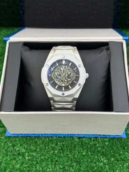 HB - Luxury Skeleton Black Dial Diamond Cut Datejust Watch for Men – Metal Strap