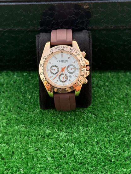 Luxury Carrier Chronograph Watch – White Dial | Rotating Bezel | Quartz Movement | Master Lock Strap