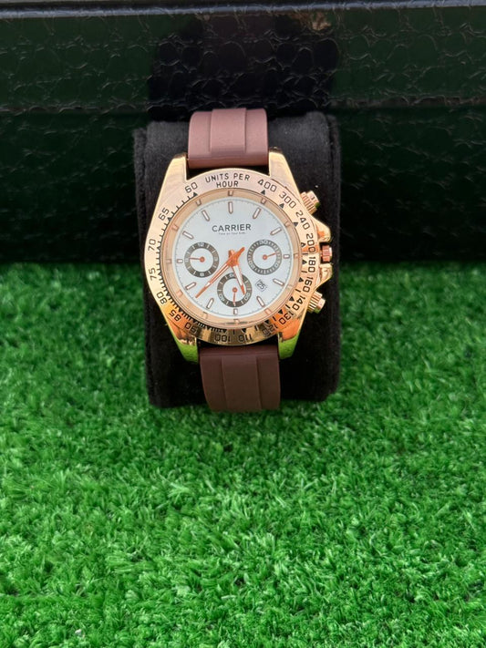 Luxury Carrier Chronograph Watch – White Dial | Rotating Bezel | Quartz Movement | Master Lock Strap