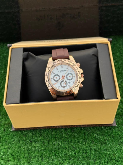 Luxury Carrier Chronograph Watch – White Dial | Rotating Bezel | Quartz Movement | Master Lock Strap