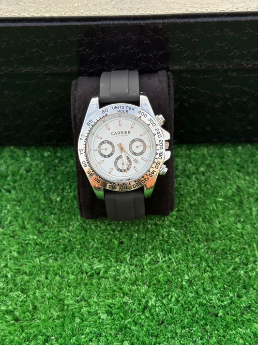 Carrier Premium Chronograph Watch – White Dial | Black Strap | Rotating Bezel | Quartz