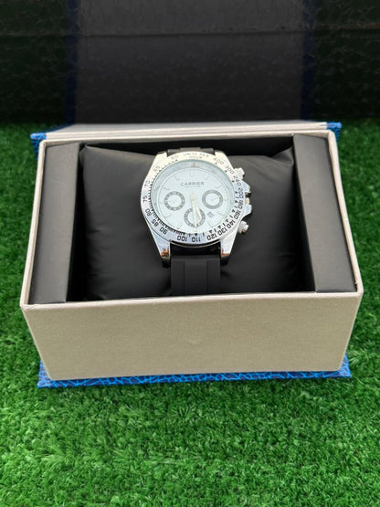 Carrier Premium Chronograph Watch – White Dial | Black Strap | Rotating Bezel | Quartz